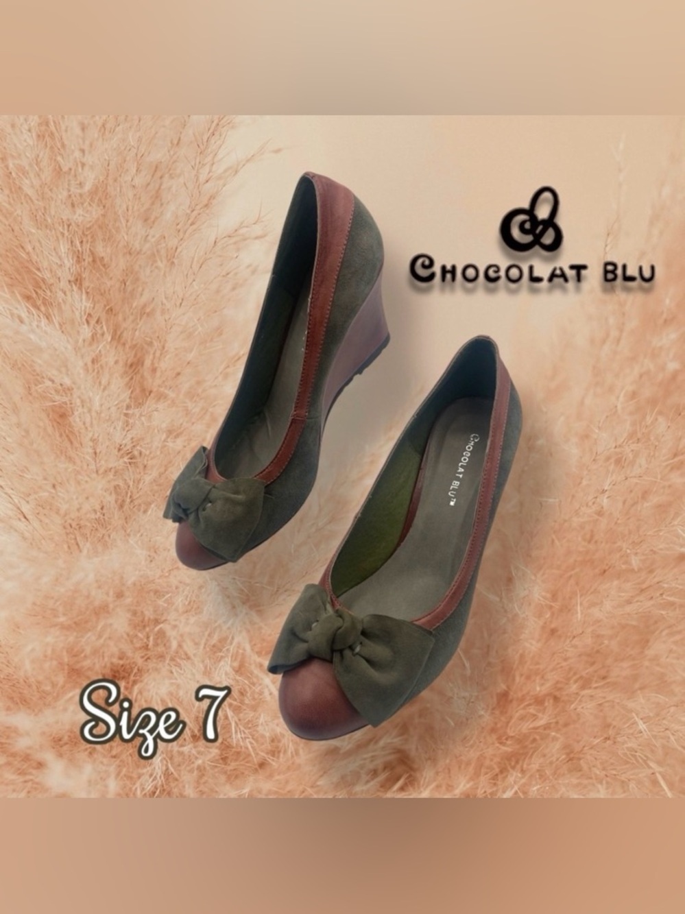 Chocolat Blu Women's Leather Olive and Chestnut Wedges with Bow Size 7 Suede